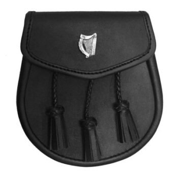 Black-Leather-Sporran-Irish-Celtic-Harp-Badge-on-Front-3-Tassels