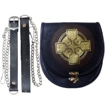 Gold-Cross-Black-Brown-Leather-Sporran-chain-straps-included