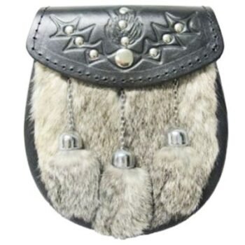 GREY-Rabbit-Fur-Lion-Sporran-Front-opening-with-lion-badge-Chain-Straps-included