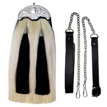 Horse-Hair-Sporran-White-Hair-with-2-black-Tassels-Thistle-Cantle-Chain-Straps