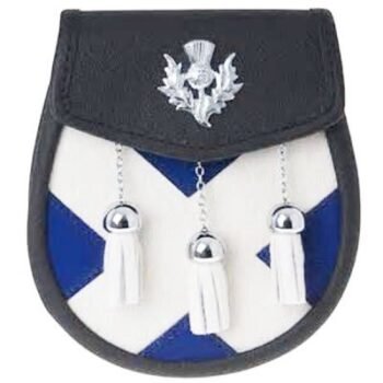 Saltire-Design-Sporran-3-white-goatskin-tassels-Thistle-badge-on-flap