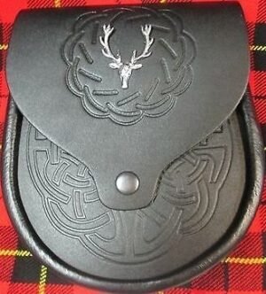Sporran-Black-Leather-Celtic-Knot-Embossed-SCOTTISH-STAG-badge-Snap-Closure