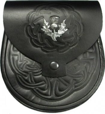 Sporrans-Black-Leather-Celtic-Embossed-Thistle-Badge-on-Flap