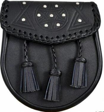 Sporrans-Black-Leather-Circle-Studded-design-front-three-leather-braided-tassels