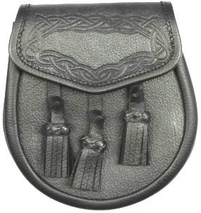 Sporrans-Black-leather-3-tassels-with-Celtic-Embossed-on-flap