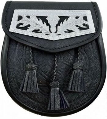 Sporrans-Black-leather-Thistle-design-head-on-flap-snap-closure