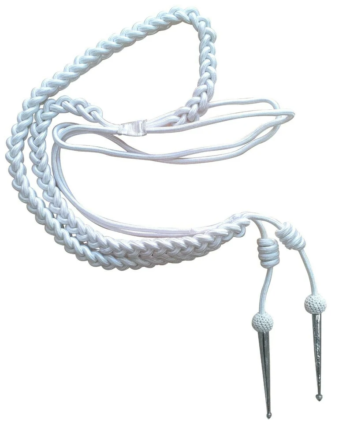 Aiguillette in White Silk with Silver Tags for Military, Army, Air Force, Navy